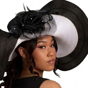 Beloved Millinery Couture Fab Black & White Extra Wide Flower Hat Derby Church
